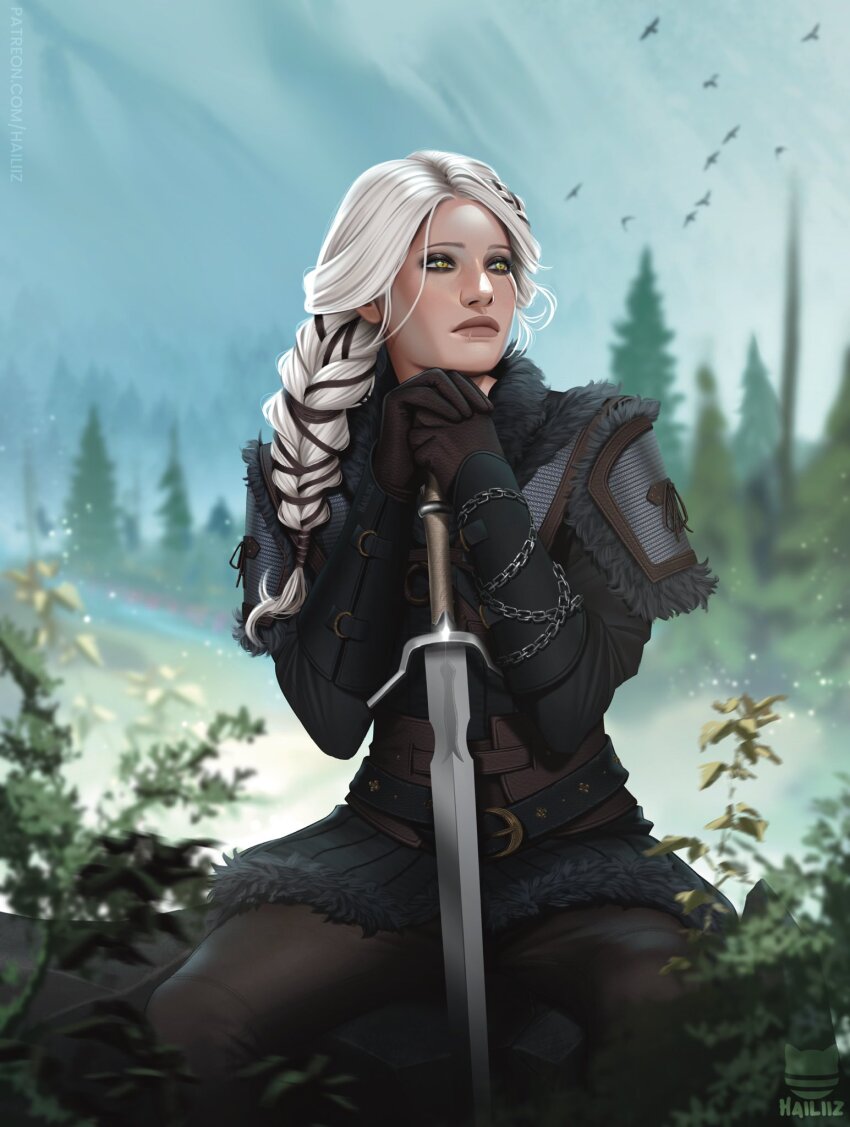1girl armor black_gloves braid braided_ponytail ciri day facial_scar gloves green_eyes hailiiz highres kneeling long_hair looking_to_the_side outdoors planted planted_sword planted_weapon scar scar_on_cheek scar_on_face solo sword the_witcher_(series) the_witcher_4 weapon white_hair