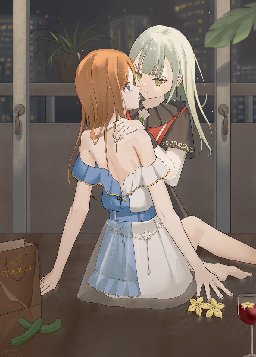 2girls absurdres bang_dream! bang_dream!_it&#039;s_mygo!!!!! barefoot black_capelet blue_dress blue_eyes brown_hair capelet closed_mouth commentary cucumber cucumber_flower cup dress drinking_glass earrings flower green_hair hand_in_another&#039;s_hair hand_on_another&#039;s_shoulder highres indoors jewelry leaf long_hair looking_at_another mortis_(bang_dream!) mortis_(costume)_(bang_dream!) multiple_girls nagasaki_soyo off_shoulder open_clothes open_dress red_wings smile two-tone_dress wakaba_mutsumi white_dress wine_glass wings yandereyuri yellow_eyes yellow_flower yuri