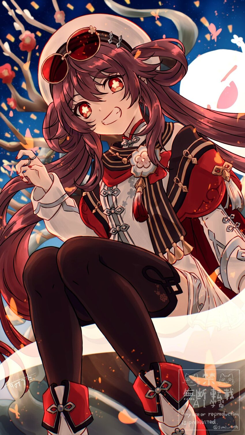 1girl beret black_thighhighs boo_tao_(genshin_impact) brown_hair eyewear_on_head floating_hair flower-shaped_pupils genshin_impact ghost hand_up hat highres hu_tao_(cherries_snow-laden)_(genshin_impact) hu_tao_(genshin_impact) jewelry long_hair looking_at_viewer multiple_rings official_alternate_costume outdoors red_eyes red_nails ring round_eyewear sitting smile solo sumi_noth symbol-shaped_pupils thighhighs white_footwear white_hat