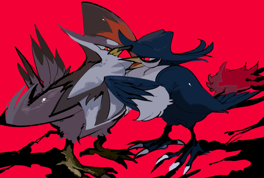 beak bird_tail bird_wings black_feathers black_wings bright_pupils feathers gen_4_pokemon glaring grey_wings highres honchkrow mochako_(motyako_1005) nintendo no_humans pokemon pokemon_(creature) pokemon_focus red_background red_eyes simple_background staraptor tail talons white_feathers white_pupils wings