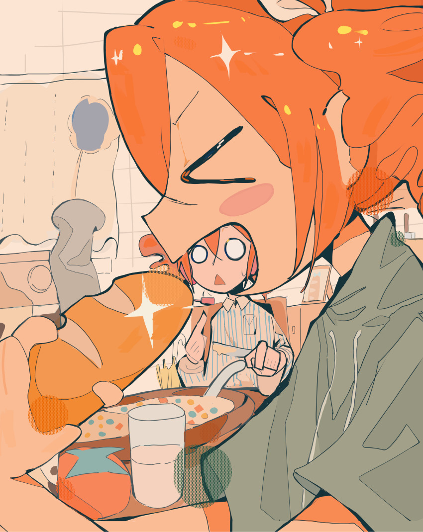 &gt;_&lt; 2girls absurdres blush_stickers breakfast butter_knife cereal clone cup drill_hair drinking_glass eating excited food grey_shirt highres holding holding_food holding_knife imminent_bite indoors kasane_teto knife kuaijiabeiduojiatoufa looking_at_another milk multiple_girls o_o on_chair open_mouth pajamas profile shirt short_sleeves sitting smile sparkle striped_clothes striped_pajamas surprised table tomato triangle_mouth twin_drills upper_body utau v-shaped_eyebrows