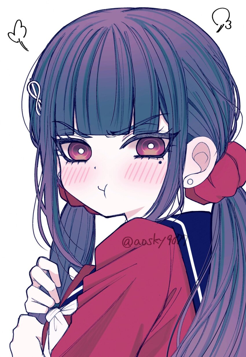 1girl :t angry black_sailor_collar blunt_bangs blush bow bowtie bright_pupils closed_mouth commentary_request danganronpa_(series) danganronpa_v3:_killing_harmony earrings hair_ornament hair_scrunchie hairclip hands_up harukawa_maki highres holding holding_own_hair jewelry long_hair looking_at_viewer looking_back low_twintails mole mole_under_eye red_eyes red_scrunchie red_shirt ringed_eyes sailor_collar satori_(aosky9077) school_uniform scrunchie shirt sidelocks simple_background solo tsurime turning_head twintails twitter_username v-shaped_eyebrows white_background white_bow white_bowtie white_pupils