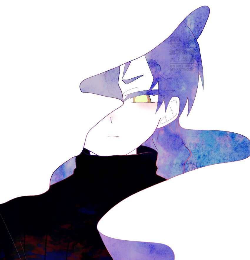 1boy 9sn6m black_sweater blending genderswap genderswap_(mtf) highres library_of_ruina long_hair portrait project_moon purple_hair simple_background solo sweater turtleneck turtleneck_sweater veil white_background white_veil yellow_eyes yesod_(project_moon)