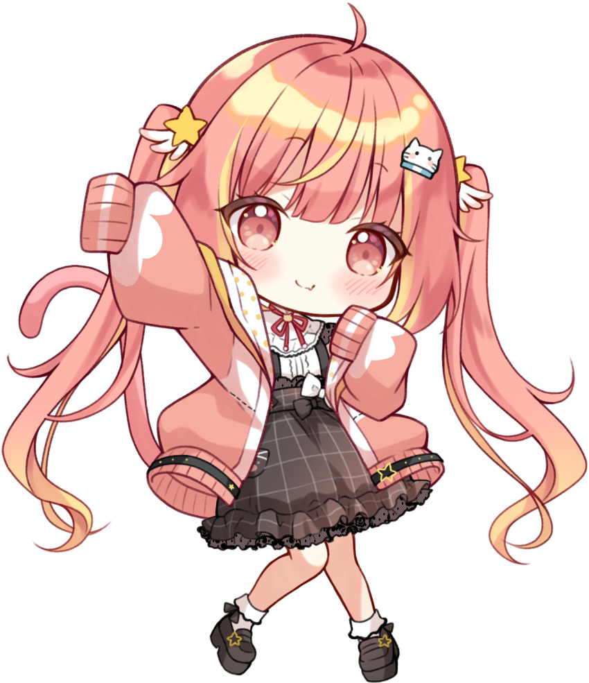 1girl ahoge black_shoes black_skirt blonde_hair blunt_bangs blush cardigan cat_hair_ornament chibi chibi_only closed_mouth fang full_body gingham_skirt hair_ornament highres hira_hikari loafers long_hair looking_at_viewer multicolored_hair nanashi_inc. neck_ribbon open_cardigan open_clothes pink_hair pink_sweater red_ribbon ribbon shirt shoes simple_background skin_fang skirt sleeves_past_fingers sleeves_past_wrists smile solo sweater transparent_background twintails two-tone_hair usaba_(usabara_c) virtual_youtuber white_shirt