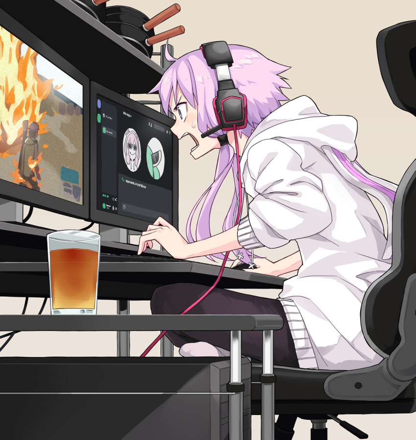 1girl ahoge animal_ears animal_hood black_socks cable chair computer computer_keyboard computer_mouse computer_tower discord explosion from_side gaming_chair glass hair_tie headgear headphones highres hood hoodie indian_style indoors monitor nandemo_iu_koto_wo_kiite_kureru_akane-chan_(voiceroid) open_mouth playing_games purple_eyes purple_hair rabbit_ears rabbit_hood short_hair_with_long_locks sidelocks sitting slice_of_life smile socks solo sunglasses sweat swivel_chair toromera touhoku_kiritan v-shaped_eyebrows vocaloid voiceroid white_hoodie yuzuki_yukari