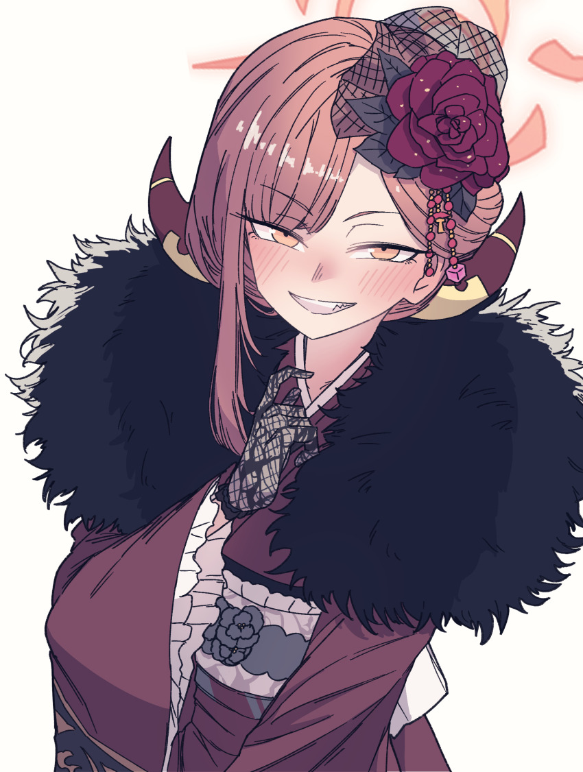 1girl absurdres anygatsby aru_(blue_archive) aru_(new_year)_(blue_archive) blue_archive blush commentary demon_horns flower fur-trimmed_kimono fur_trim gloves grin hair_flower hair_ornament halo highres horns japanese_clothes kimono lace lace_gloves looking_at_viewer obi official_alternate_costume pink_hair red_kimono sash simple_background smile solo upper_body white_background