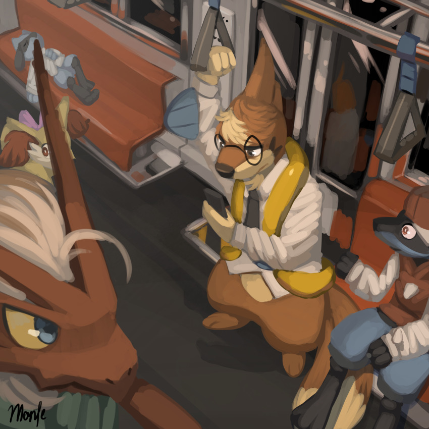 ahoge artist_name bird black-framed_eyewear black_eyes black_necktie blaziken blue_eyes bow cellphone clothed_pokemon commentary dress_shirt english_commentary fennekin floatzel fox gen_3_pokemon gen_4_pokemon gen_6_pokemon glasses hand_grip highres holding holding_hand_grip holding_phone jackal looking_at_another looking_at_phone lucario lying monteblanque necktie nintendo no_humans on_back otter phone pink_bow pokemon pokemon_(creature) red_eyes reflection riolu round_eyewear shadow shirt sideways_hat sitting sleeping smartphone standing subway tail train video_game wide-eyed
