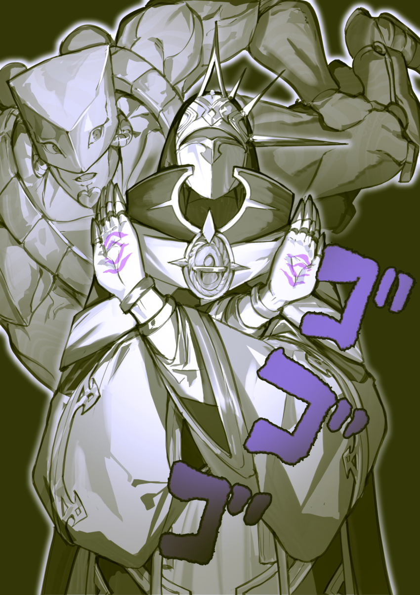 1boy 1other claws dogmatika_maximus duel_monster heart highres jojo_no_kimyou_na_bouken mask monochrome muscular priest robe sen-jou simple_background stand_(jojo) the_world yu-gi-oh! yu-gi-oh!_card_game_chronicles