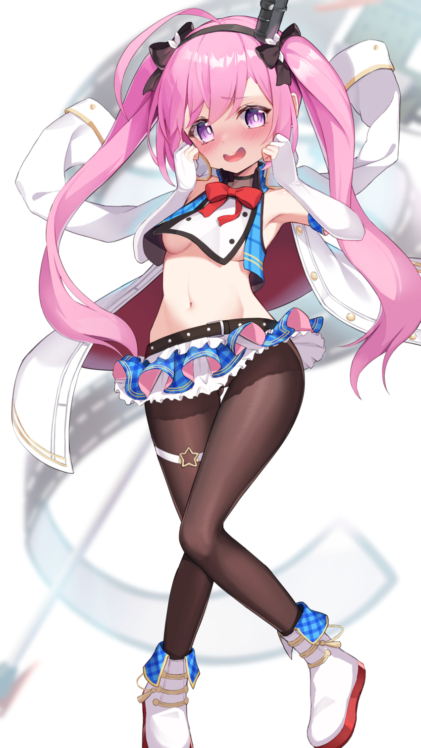 1girl ahoge armpits azur_lane bare_shoulders black_hairband blue_skirt blush bow breasts commentary commission crop_top elbow_gloves flight_deck full_body gloves hair_between_eyes hair_bow hair_ornament hairband hands_up highres humo jacket jacket_on_shoulders long_hair looking_at_viewer military_jacket navel nose_blush open_mouth pantyhose partially_fingerless_gloves pink_hair pixiv_commission plaid_clothes plaid_shirt plaid_skirt pleated_skirt purple_eyes red_bow retrofit_(azur_lane) saratoga_(azur_lane) saratoga_(retrofit)_(azur_lane) shirt shoes sidelocks skindentation skirt sleeveless sleeveless_shirt small_breasts smokestack_hair_ornament solo staff standing stomach swept_bangs thigh_strap twintails underboob white_gloves white_jacket white_shoes
