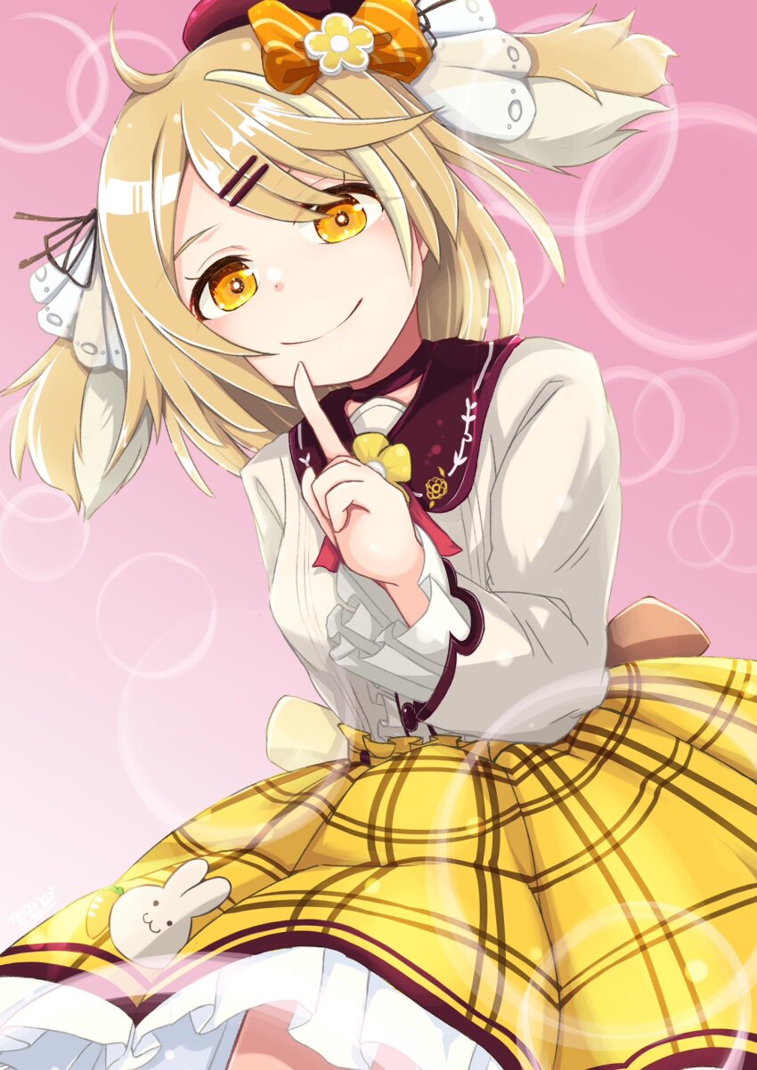1girl animal_ears beret blonde_hair blush bow breasts bright_pupils carrot_pin closed_mouth collar commentary cowboy_shot floppy_ears flower frilled_skirt frilled_sleeves frills hair_bow hair_flower hair_ornament hairclip hat highres inaba_haneru_(animare) index_finger_raised kariyasu_nonome long_sleeves looking_at_viewer medium_hair nanashi_inc. orange_bow pink_background plaid_clothes plaid_skirt rabbit_ears rabbit_girl rabbit_pin red_collar red_hat shirt skirt small_breasts smile solo virtual_youtuber white_pupils white_shirt yellow_eyes yellow_skirt
