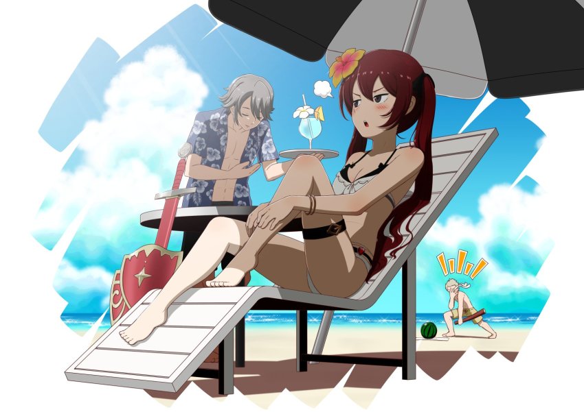 1girl 2boys alternate_costume bad_id bad_pixiv_id barefoot beach beach_chair beach_umbrella bikini blindfold blonde_hair blue_shirt blush bowing bracelet breasts brown_eyes cleavage closed_eyes cloud cloudy_sky cup dash_(dasshu) day drink drinking_glass drinking_straw feet fire_emblem fire_emblem_fates floral_print flower food fruit grey_hair hair_flower hair_ornament hand_over_face highres jewelry laslow_(fire_emblem) lemon lemon_slice multiple_boys navel nintendo ocean odin_(fire_emblem) open_clothes open_mouth open_shirt red_hair scabbard selena_(fire_emblem_fates) sheath sheathed shield shirt short_hair short_hair_with_long_locks shorts sitting sky small_breasts stick suikawari sunlight swimsuit sword table thigh_strap tray twintails umbrella watermelon weapon white_bikini