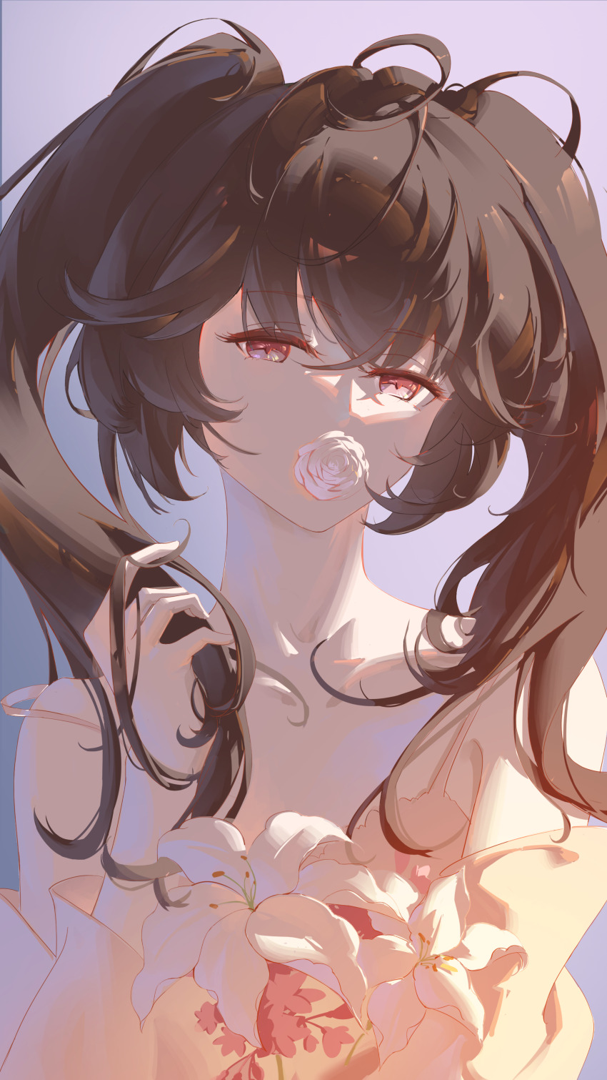 1girl absurdres black_hair flower flower_in_mouth flower_request hair_ornament highres holding holding_own_hair long_hair looking_at_viewer lucia_(pgr) messy_hair pink_flower pink_rose punishing:_gray_raven rose sidelocks solo twintails unkempt yume_3327