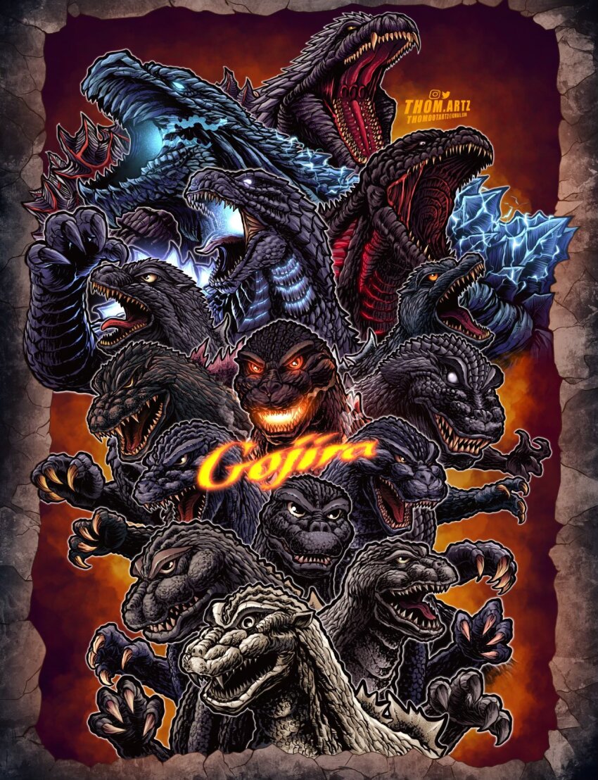 blue_electricity blue_eyes burning_godzilla character_name claws crossover dinosaur electricity energy english_text everyone extra_teeth fangs giant giant_monster gills glowing glowing_eyes glowing_gills glowing_mouth glowing_spikes godzilla godzilla,_mothra_and_king_ghidorah:_giant_monsters_all-out_attack godzilla:_final_wars godzilla:_king_of_the_monsters godzilla:_planet_of_the_monsters godzilla_(1954) godzilla_(series) godzilla_(shin) godzilla_against_mechagodzilla godzilla_earth godzilla_singular_point godzilla_ultima godzilla_vs._destoroyah godzilla_vs._megaguirus godzilla_vs._megalon_(1973) godzilla_vs._mothra highres kaiju king_kong_(series) king_kong_vs._godzilla legendary_pictures monster monsterverse mothra_vs._godzilla multiple_persona no_humans no_pupils open_mouth orange_eyes roaring sharp_teeth shin_godzilla signature smoke spikes steam teeth the_return_of_godzilla thomdotartz toho tongue white_eyes yellow_eyes