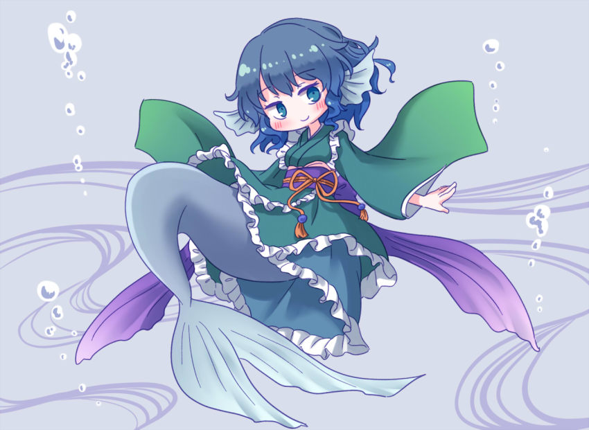 1girl arinu blue_eyes blue_hair blush bubble closed_mouth fins frilled_kimono frills full_body green_kimono grey_background head_fins japanese_clothes kimono long_sleeves looking_at_viewer mermaid monster_girl purple_sash sash short_hair smile solo touhou wakasagihime wavy_hair wide_sleeves