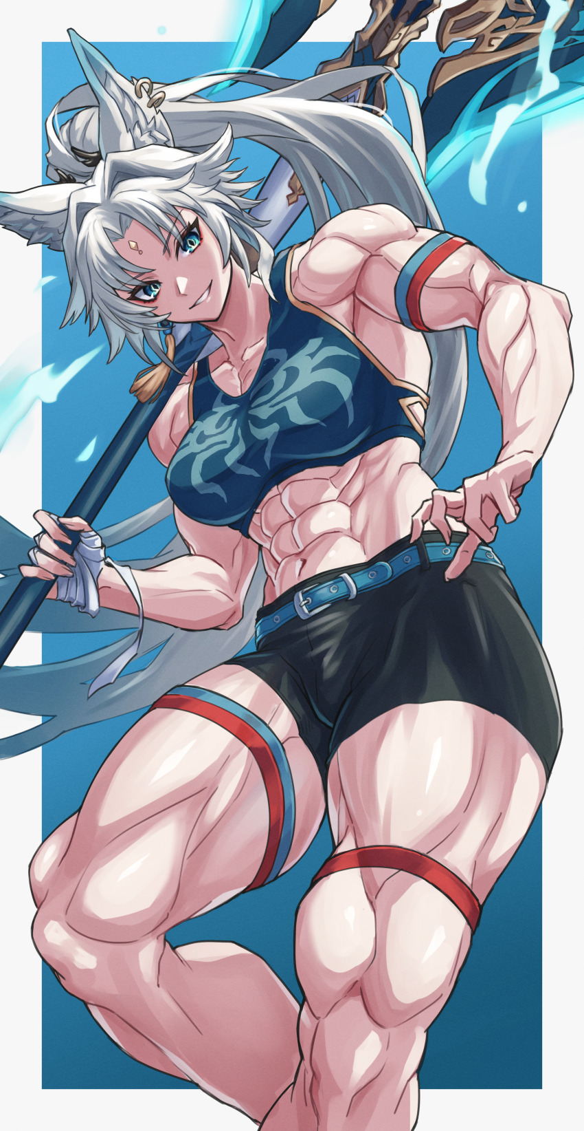 1girl abs absurdres alternate_muscle_size animal_ear_fluff animal_ears aqua_eyes axe breasts earrings facial_mark feixiao_(honkai:_star_rail) forehead_mark grin hair_intakes highres holding holding_axe honkai:_star_rail honkai_(series) jewelry kamomasaki long_hair looking_at_viewer medium_breasts midriff muscular muscular_female navel over_shoulder ponytail shorts smile solo very_long_hair weapon weapon_over_shoulder white_hair
