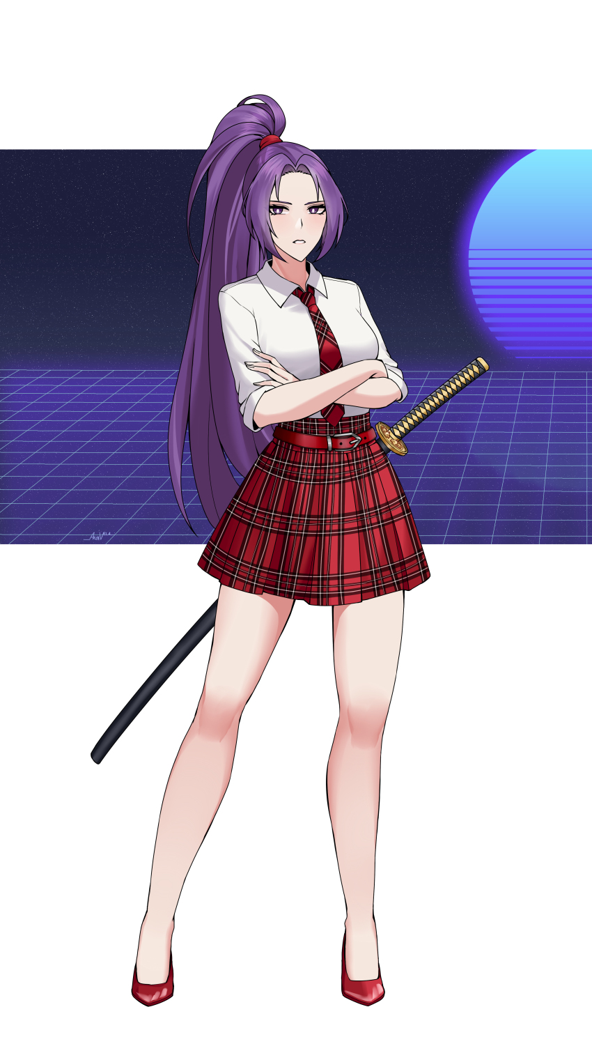 1girl absurdres aroevela belt belt_buckle breasts bright_pupils buckle collared_shirt crossed_arms expressionless full_body high_heels highres katana large_breasts long_hair long_sleeves looking_at_viewer meira_(touhou) necktie open_mouth plaid_clothes plaid_necktie plaid_skirt ponytail purple_eyes purple_hair red_footwear red_necktie red_skirt sheath sheathed shirt skirt sleeves_rolled_up solo standing star_(sky) sukusuku_hakutaku sword sword_on_back synthwave teeth touhou touhou_(pc-98) weapon weapon_on_back white_background white_pupils white_shirt