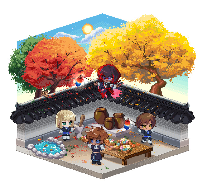 4boys acorn architecture arms_behind_head autumn autumn_leaves bandaid bandaid_on_cheek bandaid_on_face be_whitedwarf black_sclera black_vest blue_eyes blue_sky blunt_bangs blunt_ends bowl brown_hair campanella_demillion cheongsachorong chibi chuseok cloud cloudy_sky colored_sclera commentary_request dark-skinned_male dark_skin day diorama east_asian_architecture emile_herman falling_leaves fish floating folded_fan folding_fan food fruit full_body giovanni_stylus green_eyes hanbok hand_fan highres holding holding_fan holding_lantern isometric korean_clothes korean_commentary lake lantern leaf long_sleeves male_focus mochitsuki multiple_boys open_mouth orange_(fruit) outdoors pants paper_lantern pestle pixel_art purple_eyes rock shirt short_hair shounenki_no_owari sky squirrel standing storage_pot sun sweat table tree vest water white_background white_pants white_shirt yellow_eyes yellow_leaves zanelli_o&#039;brien