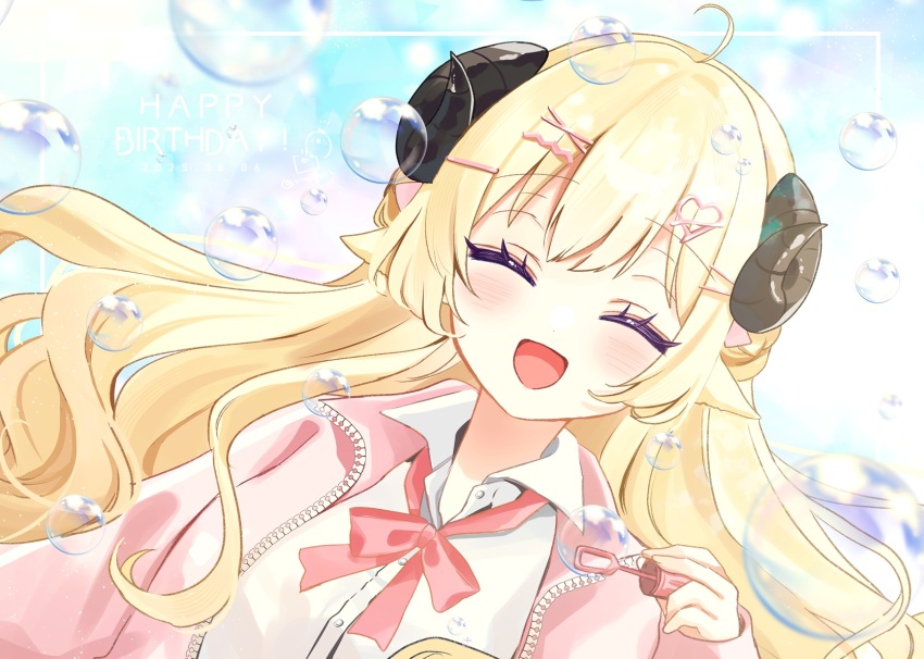1girl :d ^_^ ahoge animal_ears blonde_hair blush bow bubble closed_eyes collared_shirt dated dress_shirt dutch_angle facing_viewer hair_between_eyes hair_ornament hairclip happy_birthday highres holding hololive horns jacket long_hair long_sleeves open_clothes open_jacket open_mouth pink_bow pink_jacket rino_cnc sheep_ears sheep_girl sheep_horns shirt sleeves_past_wrists smile solo tsunomaki_watame tsunomaki_watame_(school_uniform) upper_body virtual_youtuber white_shirt x_hair_ornament