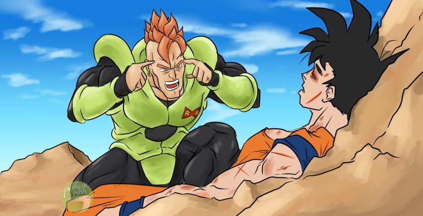 armor artist_name black_hair blue_eyes blue_shirt bodysuit bruise bruised_eye closed_eyes cloud cloudy_sky commentary cuts dougi dragon_ball dragon_ball_fighterz dragonball_z earrings english_commentary green_armor injury invincible_(series) jewelry lying meme mohawk muscular muscular_male on_back on_ground open_mouth orange_hair orange_pants orange_shirt pants plantsa_man red_ribbon_army shirt sky spiked_hair stone think_mark_think!_(meme) watermark wristband