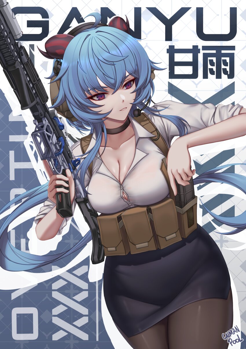 1girl absurdres ahoge ammunition_pouch assault_rifle black_skirt blue_hair breasts caiman_pool choker cleavage collared_shirt formal_clothes ganyu_(genshin_impact) genshin_impact gun headset highres holding holding_gun holding_magazine_(weapon) holding_weapon horns large_breasts long_hair magazine_(weapon) office_lady pantyhose pencil_skirt pouch purple_eyes reloading rifle shirt skirt skirt_suit suit weapon white_shirt