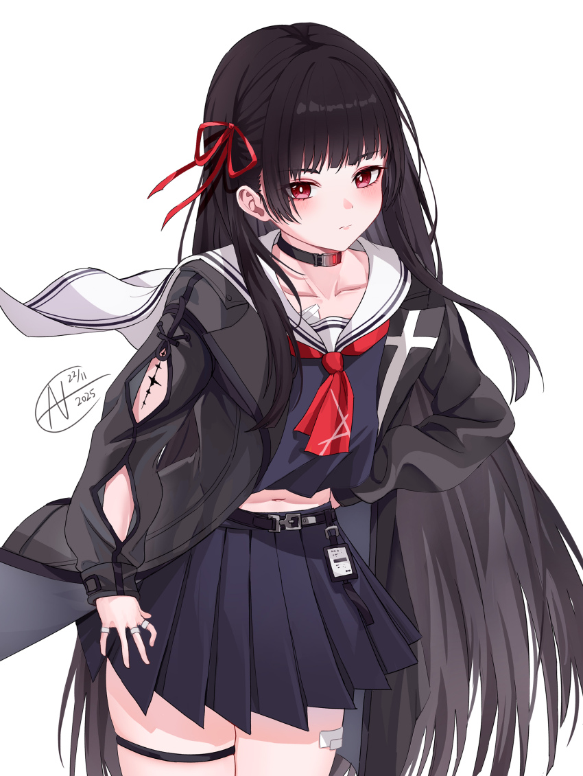 1girl absurdres arm_cutout bad_id bad_pixiv_id black_choker black_hair black_jacket black_serafuku black_shirt black_skirt blush chisa_(wuthering_waves) choker closed_mouth clothing_cutout collarbone commentary dated fanchin hair_ribbon hand_on_own_hip highres jacket long_hair long_sleeves looking_at_viewer midriff navel red_eyes red_ribbon revision ribbon sailor_collar school_uniform serafuku shirt simple_background skirt solo tacet_mark_(wuthering_waves) thigh_strap thighs white_background white_sailor_collar wuthering_waves