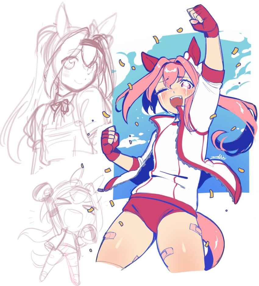 &gt;_&lt; 1girl animal_ears arm_up bandaid bandaid_on_leg blush buruma clenched_hands closed_eyes commentary confetti crying ear_covers english_commentary gloves gym_uniform haru_urara_(umamusume) headband highres horse_ears horse_girl horse_tail jacket long_hair multiple_views one_eye_closed open_mouth pink_eyes pink_hair red_buruma red_gloves shirt tail tears umamusume white_jacket white_shirt zambiie