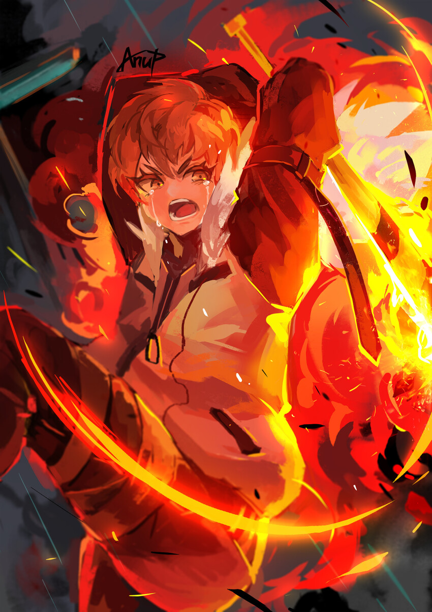 1girl anupatten baseball_bat blonde_hair crying crying_with_eyes_open explosion fire grey_eyes highres holding holding_baseball_bat holding_weapon jacket leg_up library_of_ruina long_sleeves lulu_(project_moon) open_mouth project_moon solo tears weapon white_jacket