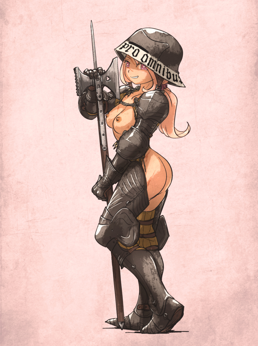 armor armored_boots ass boots breasts couter cuisses ebenholz_(ironlily) gauntlets grin halberd helmet highres holding holding_polearm holding_weapon ironlily nipples open_mouth original pink_eyes polearm ponytail reverse_bikini_armor reverse_outfit scar smile weapon