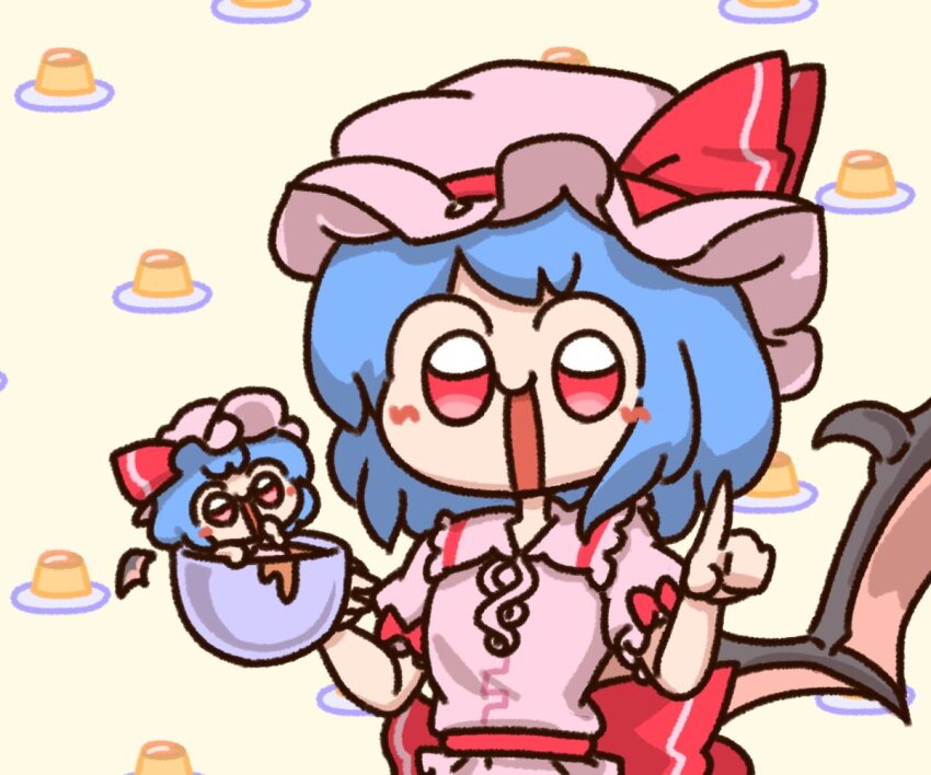 2girls :d bat_wings blue_hair bob_cut bow chibi coffee_mug collared_shirt commentary cup dual_persona food food-themed_background happy hat hat_ribbon holding holding_cup index_finger_raised looking_at_viewer mob_cap mug multiple_girls numenoko open_mouth pink_headwear pink_shirt pudding red_bow red_eyes red_ribbon remilia_scarlet ribbon shirt short_hair smile standing tan_tan_pou touhou upper_body waist_bow wings yellow_background