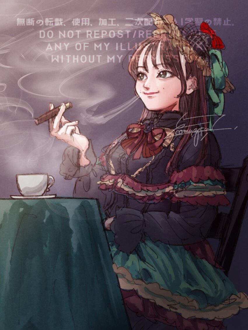 1girl actor artist_name black_dress black_hat bow brown_hair buttons center_frills chair cigar closed_mouth commentary_request cosplay cowboy_shot cup cymbal_(tsukiyo_joou_ni_warae) cymbal_(tsukiyo_joou_ni_warae)_(cosplay) dress frilled_dress frilled_hat frilled_sleeves frills gradient_background green_dress green_eyes green_ribbon grey_background hand_up hat hat_bow hat_ribbon highres holding holding_cigar komuzuka layered_dress long_hair long_sleeves looking_ahead mole mole_above_mouth nakamura_yukari_(voice_actor) neck_ribbon on_chair real_life red_bow red_ribbon ribbon saucer signature sitting smile smoke smoking solo table teacup tilted_headwear tsukiyo_joou_ni_warae two-tone_dress two-tone_hat watermark yellow_hat