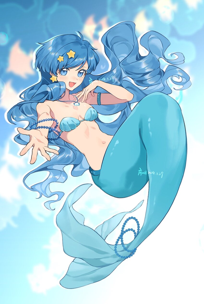 1girl artist_name bead_bracelet beads bikini blue_hair blue_theme blush bracelet breasts commentary dated full_body hair_ornament highres houshou_hanon houshou_hanon_(mermaid) jewelry long_hair looking_at_viewer mermaid mermaid_melody_pichi_pichi_pitch monster_girl navel necklace open_mouth outstretched_arm outstretched_hand shell shell_bikini shell_necklace small_breasts solo star_(symbol) star_hair_ornament very_long_hair xuchuan
