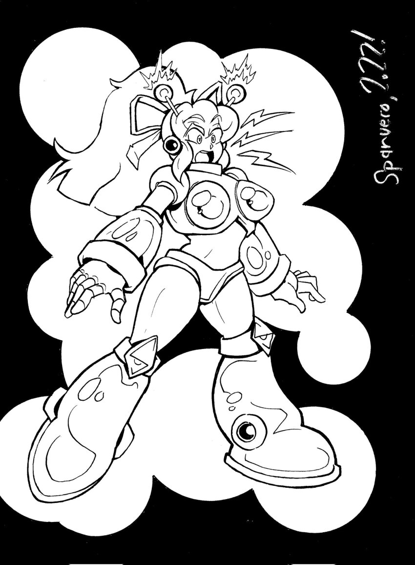 antennae armor armored_boots armored_gloves arms_up bikini_armor black_background boots breasts hair_ribbon hairband headphones highres hyper_roll_(marvel_vs._capcom) ink joints knee_boots knee_pads large_breasts long_hair looking_at_viewer marvel_vs._capcom mechanical_arms mechanical_boots mechanical_legs mega_man_(classic) mega_man_(series) ponytail pumpkinsareholy radio_antenna ribbon robot robot_girl robot_joints roll_(mega_man) shoulder_armor sidelocks simple_background smile two-tone_background white_background