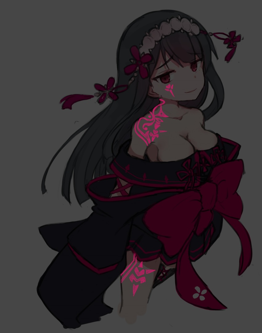 1girl atsushi_(aaa-bbb) bad_id bad_pixiv_id bare_shoulders black_hair breasts cherry_blossoms collarbone facial_tattoo glowing hairband highres japanese_clothes kageuchi_suishinshi_masahide_(tenka_hyakken) leg_tattoo long_bangs long_hair long_sleeves looking_at_viewer medium_breasts neck_tattoo off_shoulder petals red_eyes red_ribbon ribbon solo tagme tattoo tenehiao tenka_hyakken