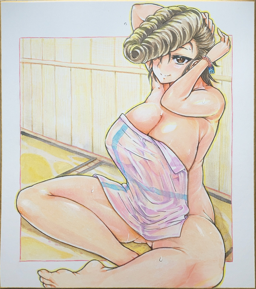 1girl absurdres ass blush breasts brown_eyes brown_hair cleavage closed_mouth girls_und_panzer highres large_breasts looking_at_viewer nabeyu naked_towel pompadour smile solo sweat towel yuri_(girls_und_panzer)