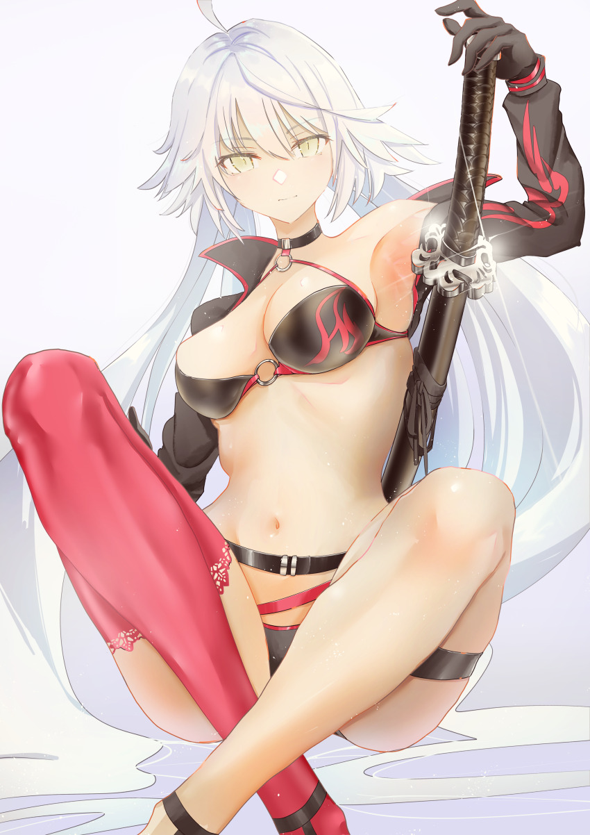 1girl absurdres ahoge beatrix_vivi bikini black_bikini black_gloves black_shrug breasts choker cleavage fate/grand_order fate_(series) gloves grey_hair highres jeanne_d&#039;arc_alter_(fate) jeanne_d&#039;arc_alter_(swimsuit_berserker)_(fate) katana large_breasts long_hair long_sleeves looking_at_viewer navel o-ring o-ring_bikini off_shoulder red_thighhighs shrug_(clothing) single_thighhigh sitting solo swimsuit sword thigh_strap thighhighs thighs very_long_hair weapon yellow_eyes