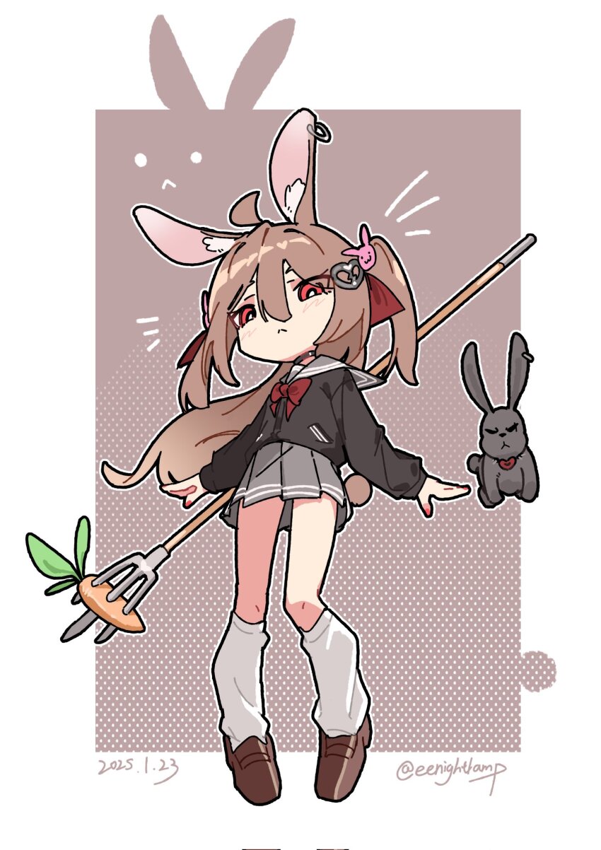 1girl ahoge animal_ears black_rabbit_(animal) black_serafuku border bow bowtie brown_hair commentary deformed eenightlamp english_commentary evil_neuro-sama from_behind grey_sailor_collar grey_skirt hair_between_eyes hair_ornament hair_ribbon heart heart_hair_ornament highres indie_virtual_youtuber leg_warmers loafers neuro-sama pitchfork rabbit_ears rabbit_girl rabbit_tail red_bow red_bowtie red_eyes red_ribbon ribbon sailor_collar school_uniform serafuku shoes skirt socks standing tail two_side_up virtual_youtuber white_border white_leg_warmers white_socks