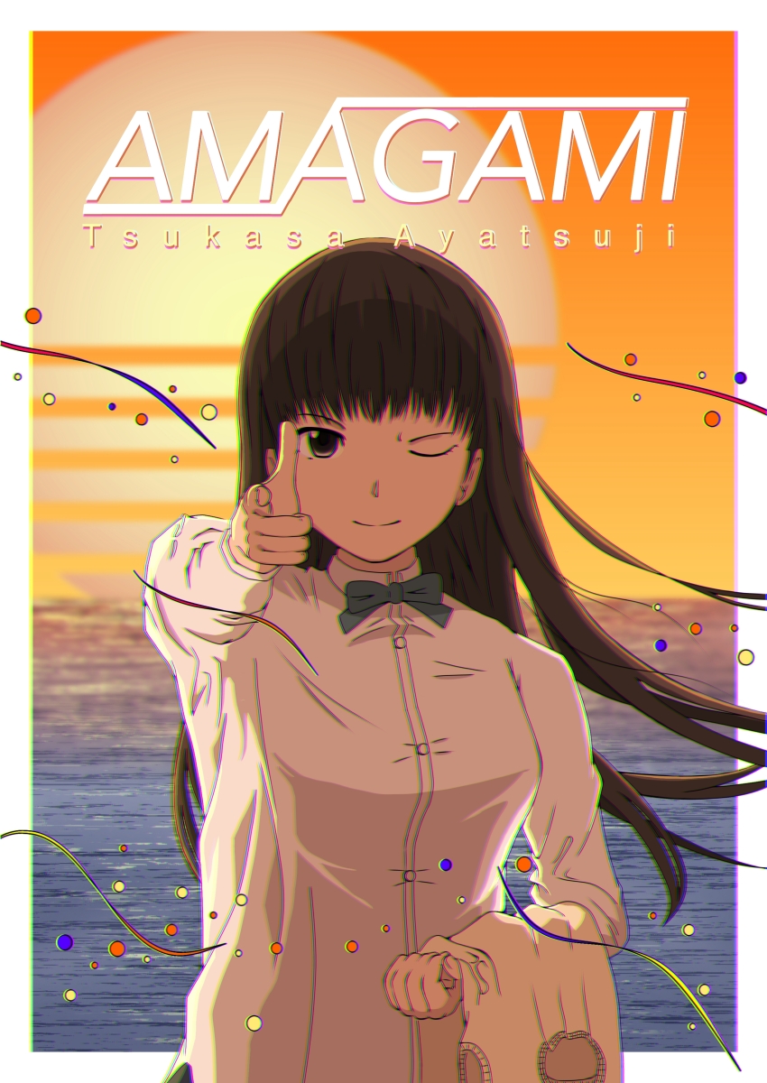 1girl absurdres amagami ayatsuji_tsukasa black_bow black_bowtie black_eyes black_hair blunt_bangs border bow bowtie character_name closed_mouth collared_shirt commentary_request confetti copyright_name evening finger_gun highres holding holding_sweater holding_unworn_clothes horizon kibito_high_school_uniform kimchi_gyuudon long_hair long_sleeves looking_at_viewer ocean one_eye_closed orange_sky outdoors outside_border outstretched_arm pointing pointing_at_viewer school_uniform shirt sky solo straight_hair summer_uniform sun water white_border white_shirt