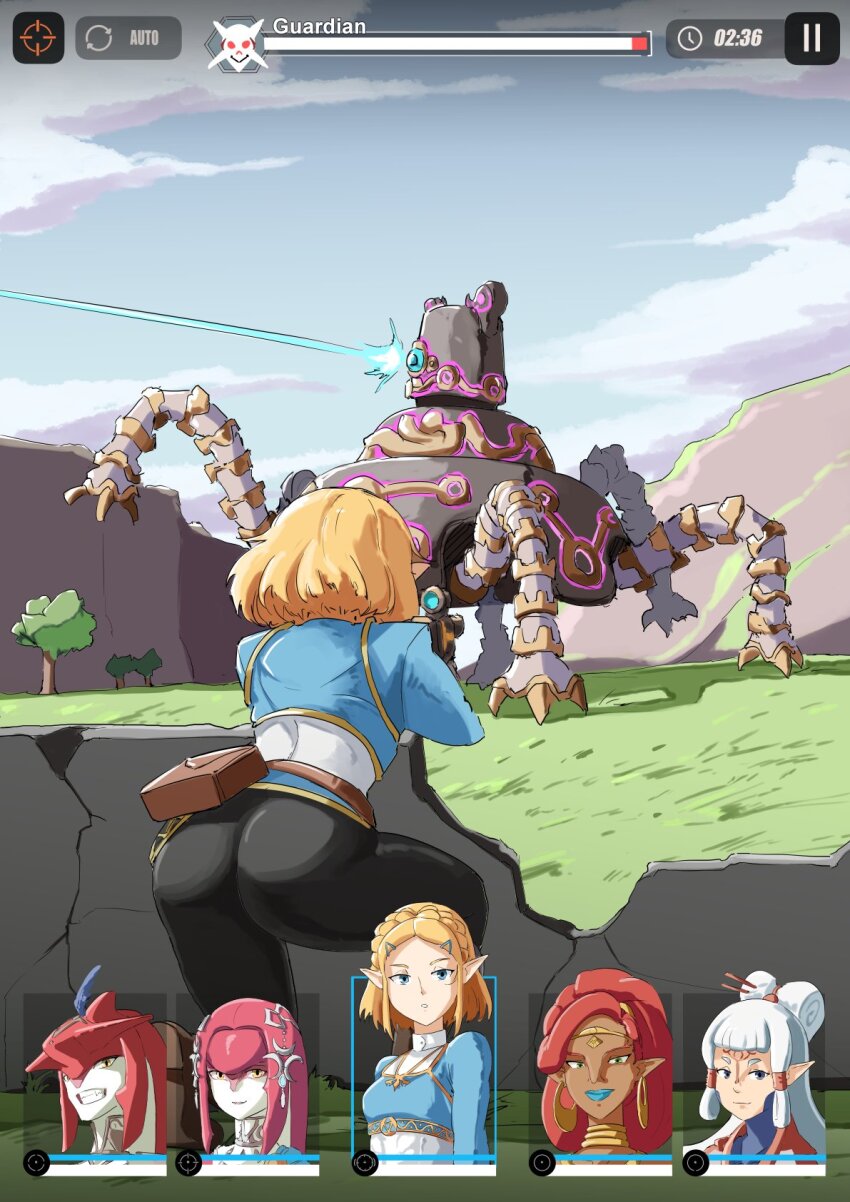 1boy 4girls ass automatic_giraffe belt black_pants blonde_hair blue_lips blue_shirt braid breasts brown_belt colored_skin dark-skinned_female dark_skin day feathers fish_boy fish_girl from_behind goddess_of_victory:_nikke grass grey_hair grin guardian_(zelda) gun hair_ornament hair_stick hairclip heads-up_display highres holding holding_gun holding_weapon long_hair medium_breasts mipha multiple_girls nintendo outdoors pants paya_(zelda) pointy_ears pouch princess_zelda red_hair red_skin shirt short_hair sidon smile solo_focus teeth the_legend_of_zelda the_legend_of_zelda:_breath_of_the_wild urbosa user_interface weapon zora