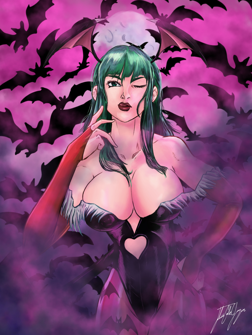 1girl absurdres animal_print bare_shoulders bat_print bats black_leotard breasts bridal_gauntlets capcom cleavage clothing_cutout collarbone demon_girl green_eyes green_hair head_wings heart_cutout highres large_breasts leotard long_hair matching_hair/eyes moon morrigan_aensland one_eye_closed pantyhose darkstalkers wings