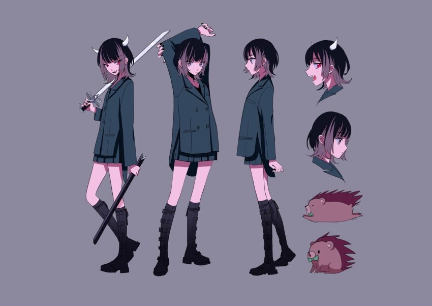 2boys 5girls anime_coloring arm_at_side arms_behind_head black_collar black_eyes black_footwear black_hair black_nails black_skirt black_suit black_undershirt blunt_bangs boots bow bowtie brown_fur buttons reference_sheet closed_mouth collar collarbone collared_suit colored_inner_hair commentary concept_art demon demon_girl demon_horns dual_persona earrings expressionless eyelashes facing_to_the_side fang fingerless_gloves formal_clothes from_side full_body gloves gradient_footwear green_bow green_bowtie head_only hedgehog holding holding_sheath holding_sword holding_weapon horns jewelry jpeg_artifacts katana knee_boots lapels legs_apart light_frown looking_ahead looking_at_another looking_at_viewer medium_hair miniskirt motion_lines multicolored_hair multiple_boys multiple_girls multiple_views myon_(tokipi) nail_polish nira-chan nira-chan_(zanki)_(zutomayo) official_art open_mouth peaked_lapels pleated_skirt pocket production_art profile purple_eyes purple_hair red_eyes running sheath sidelocks skirt solid_oval_eyes standing standing_on_one_leg streaked_hair suit sword teeth tsurime turnaround undershirt uniguri_(zutomayo) unsheathed upper_teeth_only weapon white_horns zanki_(zutomayo) zutto_mayonaka_de_ii_no_ni