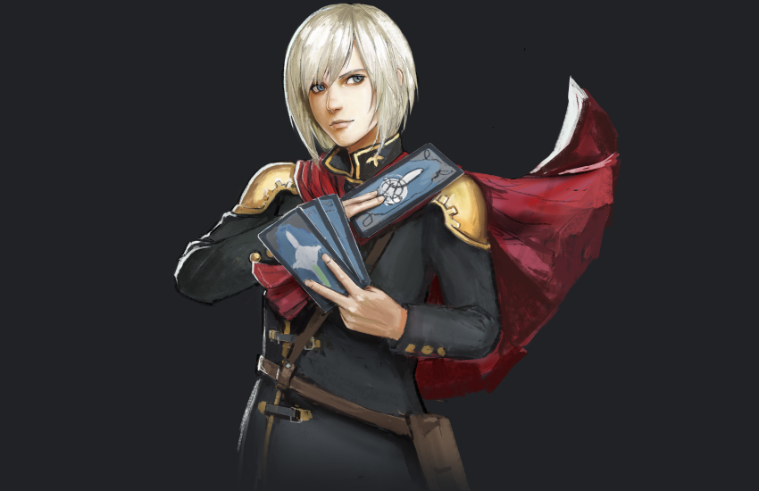 1boy absurdres ace_(fft-0) billowing_cape black_background blue_eyes cape card final_fantasy final_fantasy_type-0 highres holding holding_card looking_to_the_side male_focus nekkikamille realistic solo square_enix uniform white_hair