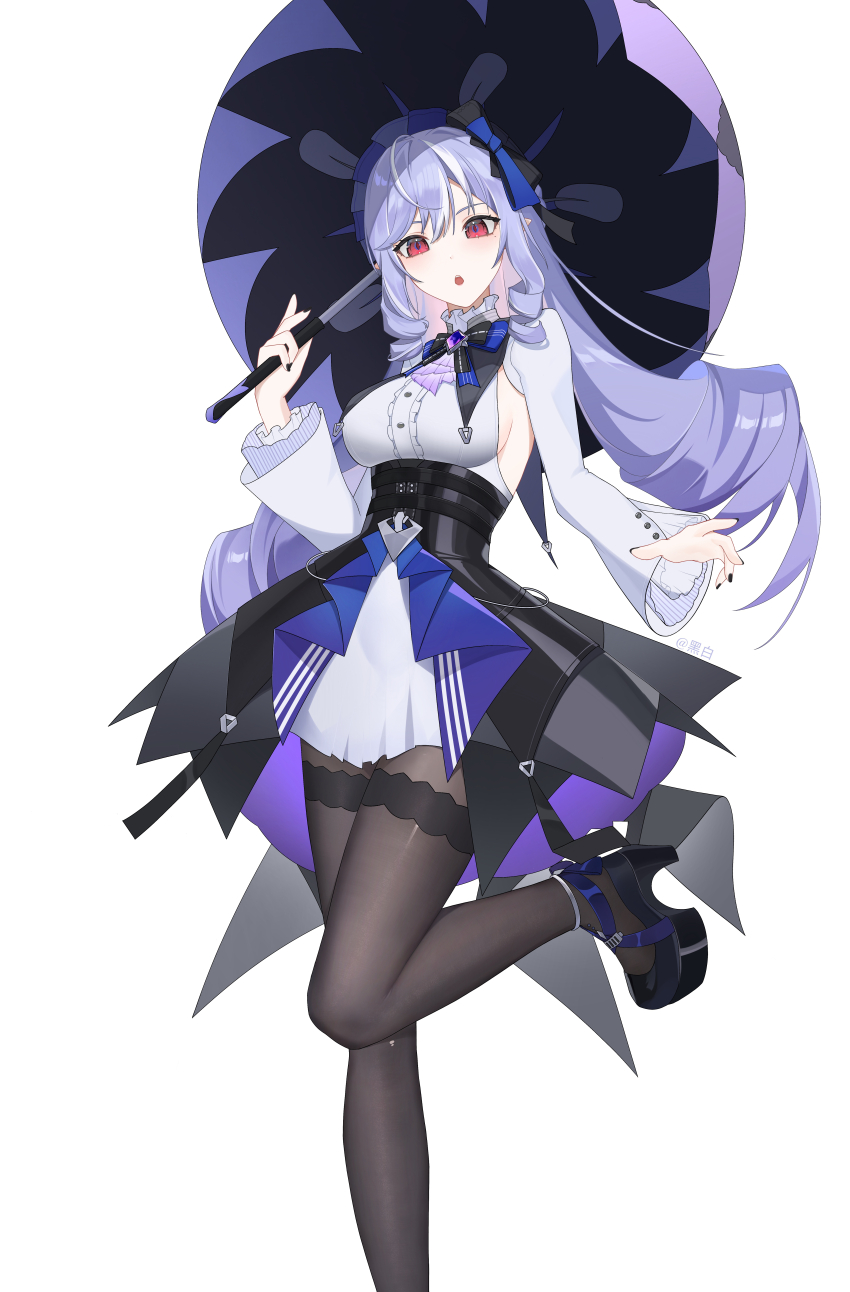 1girl :o absurdres ascot black_bow black_bowtie black_nails black_pantyhose black_shoes black_skirt bow bowtie breasts commentary dress foot_out_of_frame hei_yubai_yuan highres holding holding_umbrella large_breasts long_hair long_sleeves looking_at_viewer multicolored_hair nail_polish overskirt pantyhose purple_ascot purple_bow purple_bowtie purple_hair purple_umbrella red_eyes shoes shrug_(clothing) simple_background skirt solo streaked_hair thighband_pantyhose umbrella vivian_(zenless_zone_zero) white_background white_dress white_shrug zenless_zone_zero