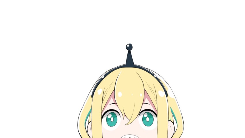1girl amano_pikamee black_hairband blonde_hair commentary_request green_eyes green_hair gyari_(imagesdawn) hair_between_eyes hairband head looking_at_viewer multicolored_hair official_art peeking_out sharp_teeth simple_background solo straight-on teeth two-tone_hair virtual_youtuber voms white_background