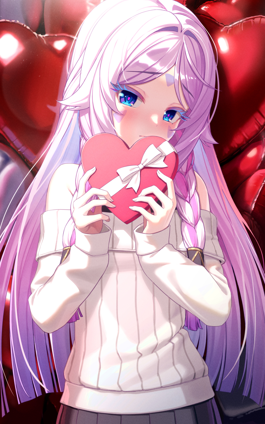 1girl absurdres alternate_costume balloon bare_shoulders blue_eyes blush box citlali_(genshin_impact) closed_mouth commentary facial_mark forehead_mark genshin_impact gift gift_box hands_up heart-shaped_box heart_balloon highres holding holding_box kapa_draws korea long_hair long_sleeves looking_at_viewer multicolored_hair off-shoulder_sweater off_shoulder pink_hair pink_pupils purple_hair solo sweater triangle triangle_facial_mark valentine very_long_hair white_sweater