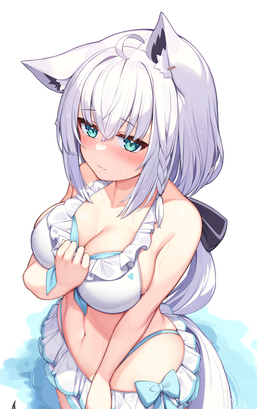 1girl absurdres ahoge animal_ear_fluff animal_ears bikini blush braid breasts cleavage collarbone fox_ears fox_girl fox_tail frilled_bikini frills from_above green_eyes hair_between_eyes hand_on_own_chest highres hololive large_breasts long_hair looking_at_viewer navel ribbon shirakami_fubuki sidelocks single_braid solo swimsuit tail verdey virtual_youtuber wading white_bikini white_hair