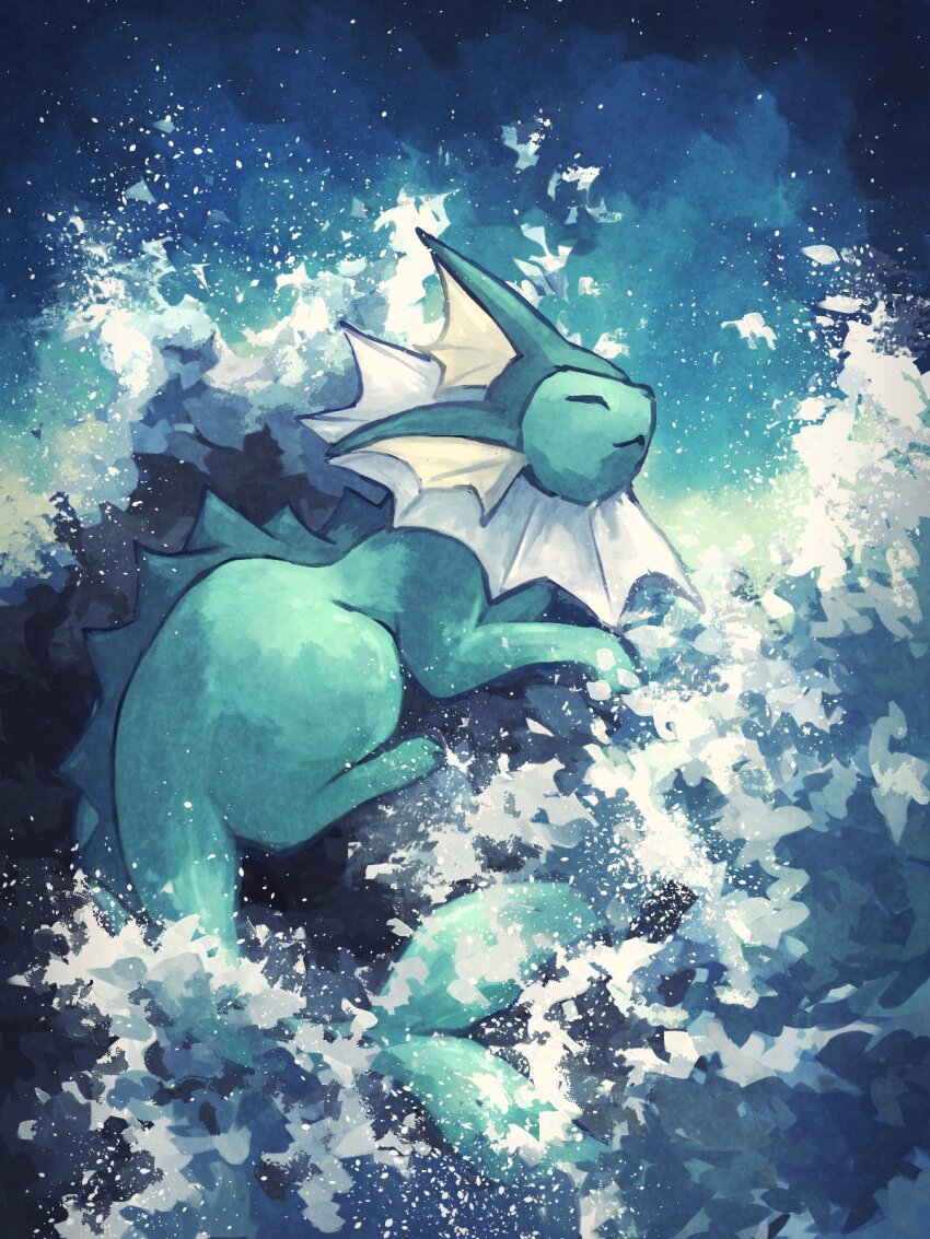7_phi_3 blue_fur body_fur closed_eyes fins gen_2_pokemon head_fins highres nintendo no_humans pokemon pokemon_(creature) solo umbreon water waves