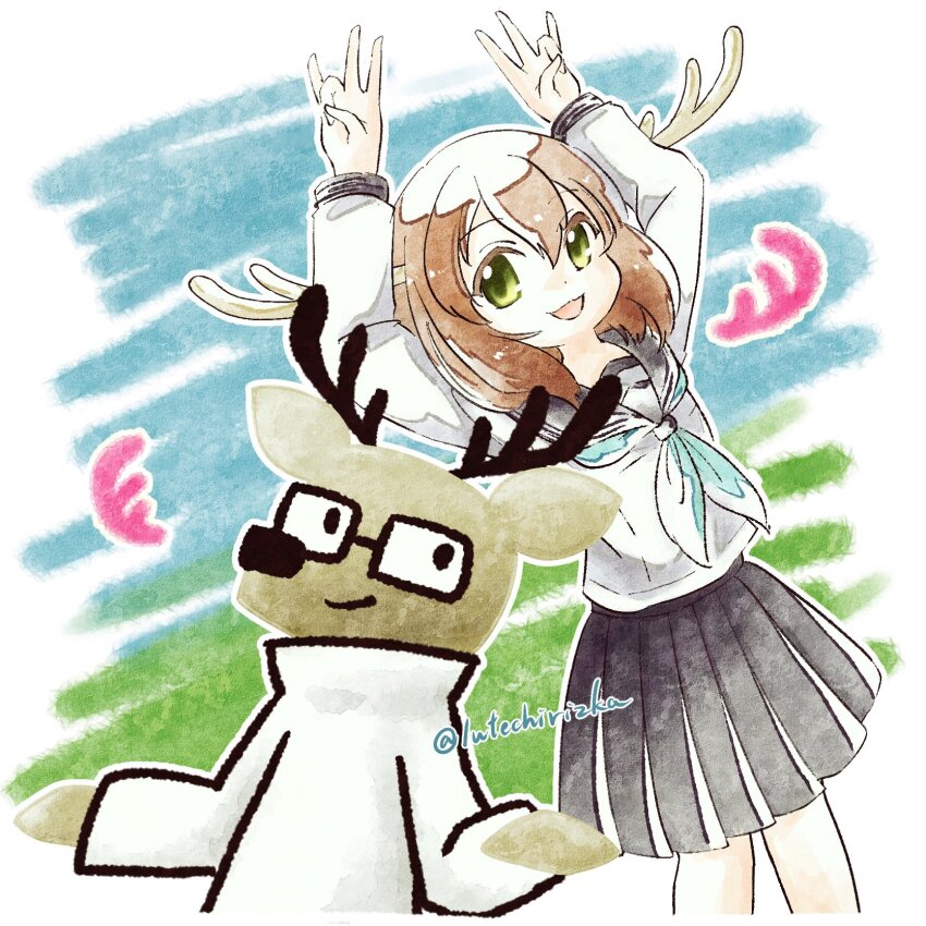 1boy 1girl :d antlers aqua_neckerchief arms_up black_horns black_sailor_collar black_skirt brown_hair commentary_request crossover daihatsu deer_antlers deer_boy deer_girl furry furry_male glasses green_eyes hands_up high_collar highres horns kakukaku_shikajika long_sleeves looking_to_the_side medium_hair multicolored_background neckerchief open_mouth rieta_(lutechirizka) sailor_collar school_uniform serafuku shikanoko_noko shikanoko_nokonoko_koshitantan shirt skirt smile sweater trait_connection turtleneck twitter_username white_horns white_shirt white_sweater