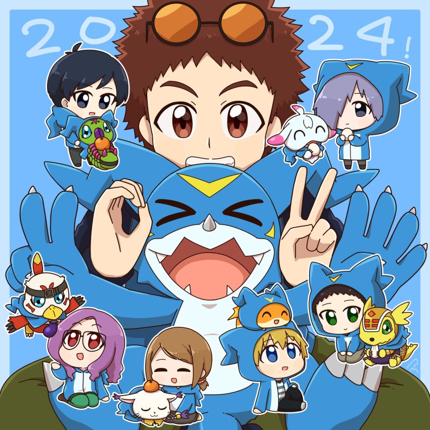 2girls 5boys armadillo armadimon bird bug cat digimon digimon_(creature) glasses hawkmon hida_iori highres ichijouji_ken inoue_miyako motomiya_daisuke multiple_boys multiple_girls owada_rui patamon tailmon takaishi_takeru ukkomon v-mon wings wormmon yagami_hikari