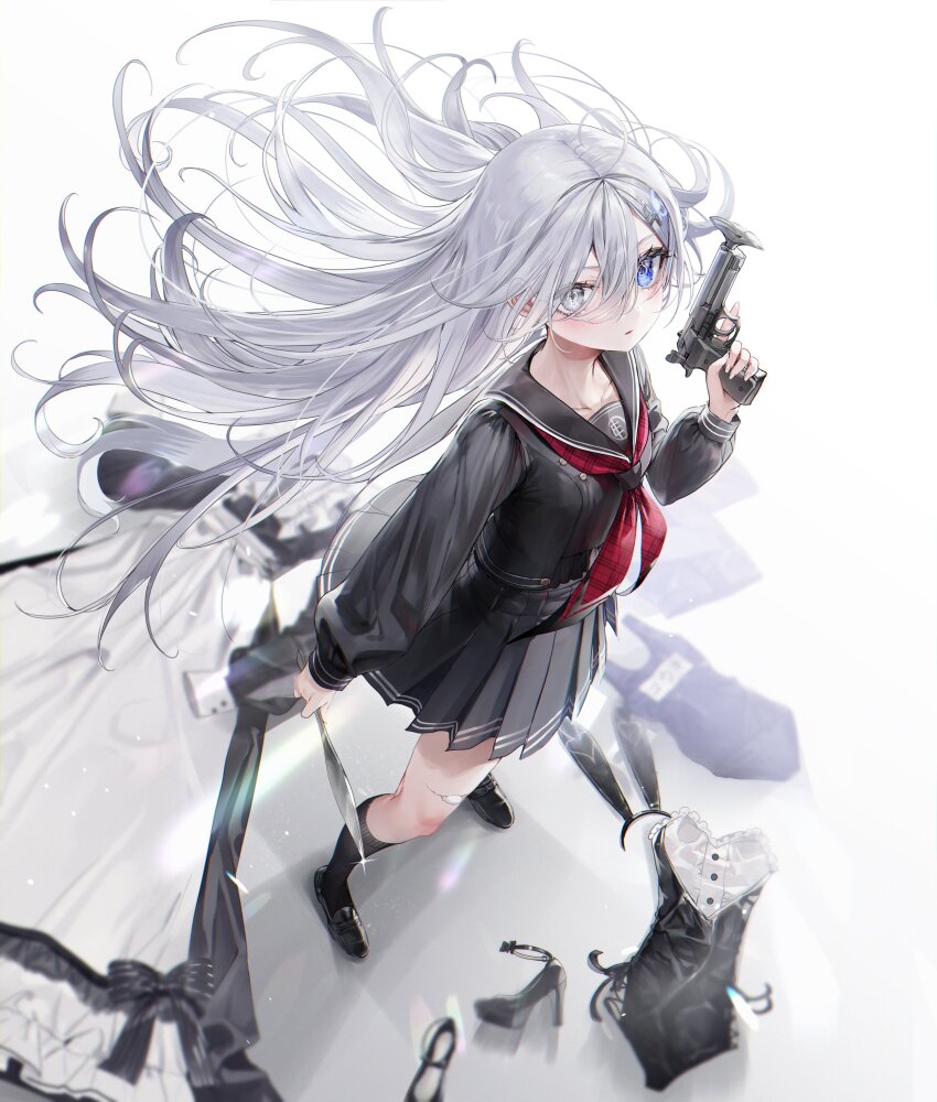 1girl absurdres animal_costume beretta_92 black_ribbon black_serafuku black_shoes black_socks blue_eyes clothing_aside female_focus from_above grey_eyes gun hair_between_eyes hair_ornament hairpin handgun heterochromia high_heels highres holding holding_gun holding_knife holding_weapon knife legs leotard leotard_aside leotard_removed long_hair long_skirt long_sleeves looking_at_viewer maid miniskirt multicolored_eyes nekometaru playboy_bunny pleated_skirt rabbit_costume rabbit_ears ribbon school_swimsuit school_uniform serafuku shibou_yuugi_de_meshi_o_kuu shoes skirt slit_pupils socks solo solo_focus standing swimsuit thighs trigger_discipline unworn_swimsuit very_long_hair weapon white_hair yuuki_(shibou_yuugi)