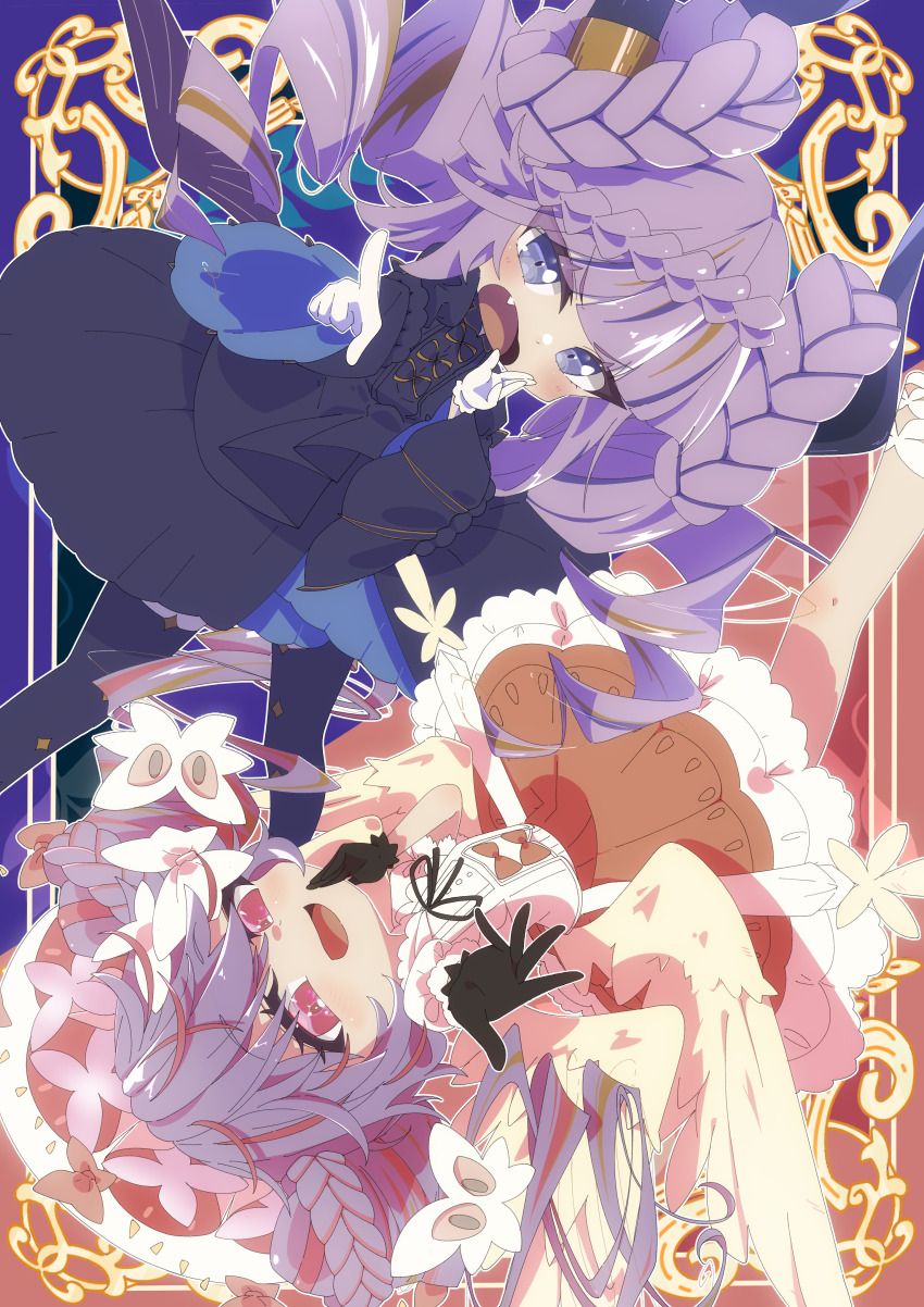 2girls absurdres angel_and_devil angel_wings angello_vaalmonica black_dress black_gloves black_thighhighs blush braid demon_girl demon_horns demon_wings dimonno_vaalmonica dress duel_monster feathered_wings feathers frilled_dress frills gloves highres horns long_hair long_sleeves looking_at_viewer multicolored_hair multiple_girls open_mouth pink_eyes pink_hair pointing pointing_at_viewer purple_eyes purple_hair short_sleeves smile thighhighs twin_braids urasuka very_long_hair white_dress white_gloves wide_sleeves wings yu-gi-oh!